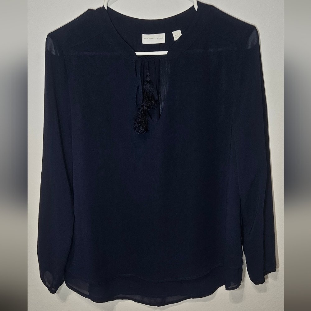 Navy New York And Company Tassle Tie Crepe Semi Sheer Womens Blouse Small B8